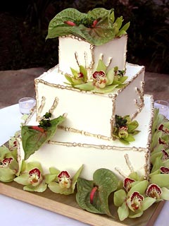 Beautiful square three tier Orchid wedding cake